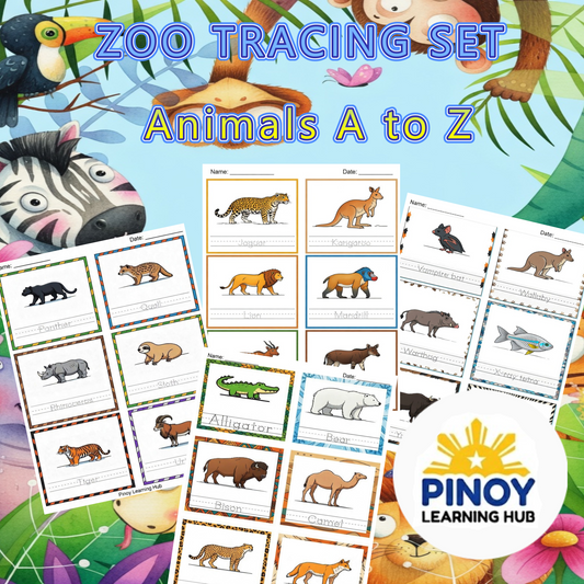 Pinoy Learning Hub Zoo Animals A to Z tracing worksheets printable PDF for kids.